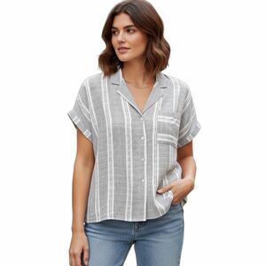EVEREVE Women’s Gray White Short Sleeve Ally Multi Stripe Camp Shirt Large